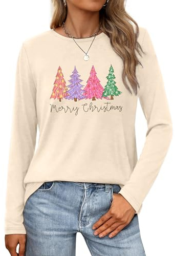 VVNTY Christmas Long Sleeve Shirt for Women Merry Christmas Shirts Casual Xmas Graphic Blouse