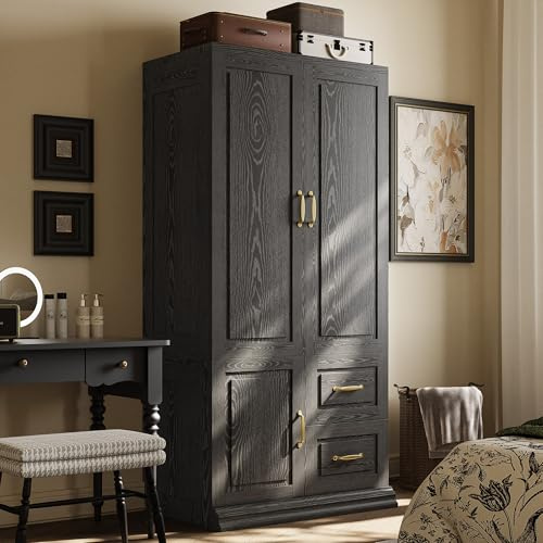 ANCTOR Armoire Wardrobe Closet, 71.1 H Tall Bedroom Armoires, Wooden Cabinet Closet with 2 Drawers, 2 Doors and Hanging Rod for Clothes, Freestanding Storage Closet, Stand Alone Coat Cabinet, Black