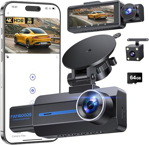 Famgoods Dashcam Frontal 4K, Retro, Interior, Pantalla IPS de 3.16, Tarjeta Gratuita de 64GB, Dash CAM Camara Coche WiFi de 5GHz, App, Dashcam Super Visión Nocturna, Sensor G, Grabación en Bucle