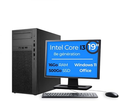 PC Tour Bureau Reconditionné Intel Core 8e Génération | 16 Go RAM | SSD 500 Go | Windows 11 Pro | Écran + Clavier & Souris | Pack Prêt à l’Emploi (19, I3-8e gen)
