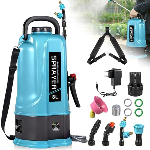 8L Akku Drucksprüher,45PSI Rückenspritze Pflanzensprüher,Gartenspritze Sprühgerät Kompatibel mit Makita 12V Batterien,Elektrischer Pflanzensprüher mit 4 Düsen,60cm Teleskopstab,2.0 Ah Akku,Ladegerät