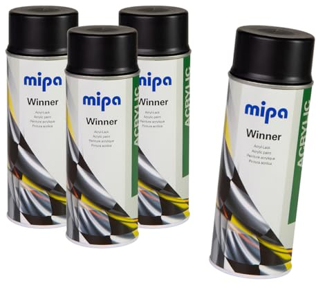 MIPA Winner Acryl-Lack Spraydose Schwarz Matt, 4x 400 ml (Set 3+1 Gratis) | Schnelltrocknender Sprühlack für Metall, Holz & Stein - 3+1 gratis - Hohe Deckkraft für Innen & Außen - Universallack