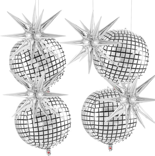 8 palloncini a forma di palla da discoteca con stelle argentate, palla da discoteca gonfiabile da 55,9 cm, palloncino in lamina argentata metallizzata per decorazioni per feste in discoteca