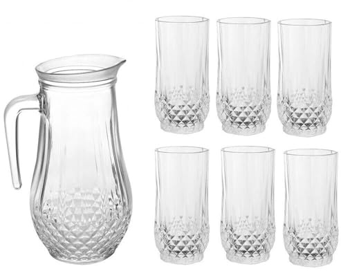 APXB Jug and Tumbler Set 7 Pieces Drinking Glassware Set Crystal Effect Highball Water Juice Glasses Tumblers Gold Rim Pitcher Jug