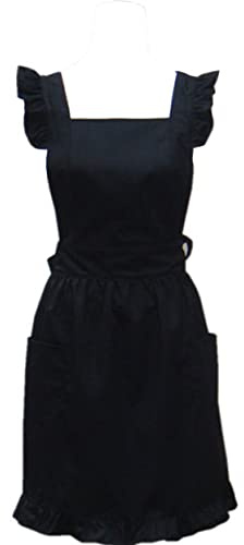 Hyzrz Lovely Retro Lady's Aprons for Women Girls Cake Kitchen Fashion Cooking Apron Chic with Pockets for Gift Chic 100% Cotton (Black)