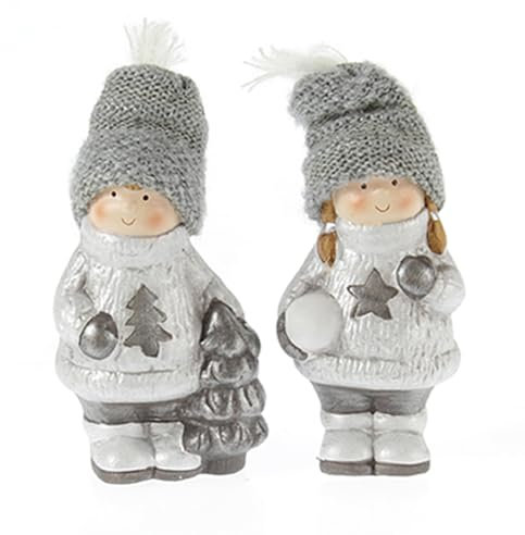 TEMPELWELT Wichtel Winterkinder Mädchen Junge im 2er Set 12 cm, Polystein Textil grau weiß, Dekofigur Winterfiguren