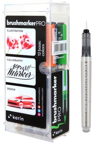 KARIN 27C1 Brushmarker Pro Basic Colours Set inklusive Blender, 12 Stück