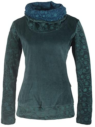 Vishes - Alternative Bekleidung - Damen Rollkragen Samtpullover Sweater aus Baumwolle Bedruckt türkis 36