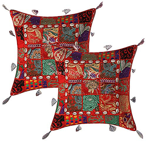 Stylo Culture Bohemio Fundas para Almohadones Decorativos 43x43 cm Algodón Floral Fundas Cojines Sofa Rojo 17x17 Inch Patchwork De Cauri Vintage Cuadrado sobre Funda Cojin Silla - 2 Pcs