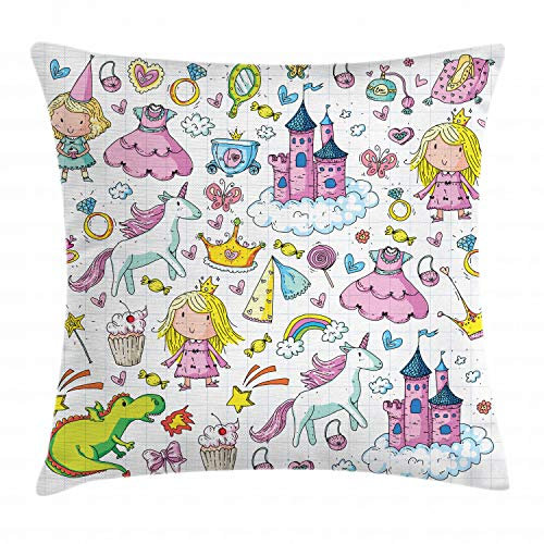 ABAKUHAUS Prinzessin Kissenbezug, Mädchen Fairytale Theme, für den Innen oder Außen Bereich geeignet mit Reißverschluß Waschbarer Stoff, 40 x 40 cm, Hellrosa