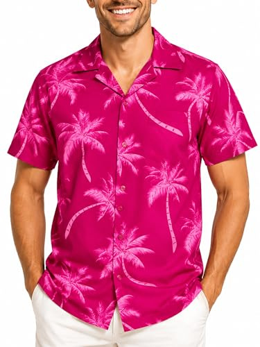 King Kameha Funky-Camisa-Hawaiana, Manga-Corta, Palm-Shadow, Rosa-Magenta, XS