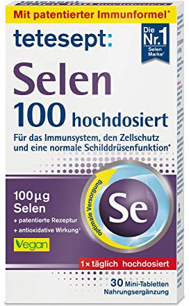 tetesept Selen 100 hochdosiert – Für eine normale Schilddrüsenfunktion, das Immunsystem und den Zellschutz, vegan – 1 x 30 Mini-Tabletten