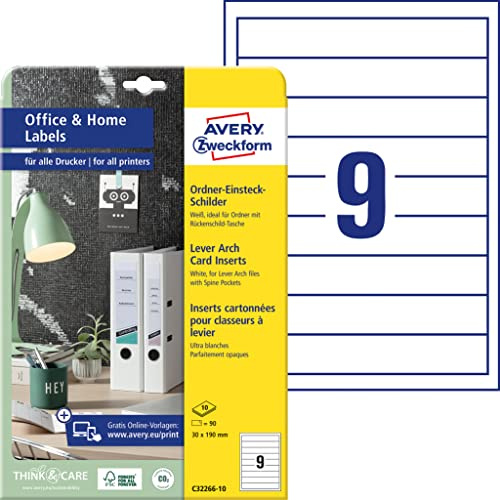 AVERY Zweckform C32266-10 Lot de 90 étiquettes pour dos de classeur, 30 x 190 mm sur A4, imprimables, à insérer pour dossiers étroits/courts, micro-perforées, pour le bureau à domicile, blanc