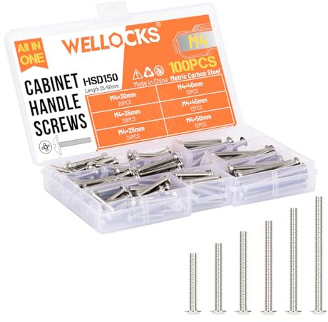 WELLOCKS Schrankgriffe Schrauben | M4 25–50 mm Maschinenschrauben Sortiment Kit | Flachscheibenkopf Kreuzschlitzschrauben Set aus Metall | für Schrank Schublade Knöpfe (D150) | Silber | 100 Stück