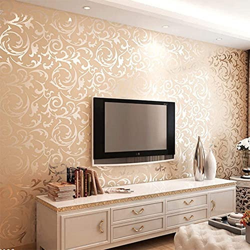 MEAIHOME Modern Victorian Damask Embossed Textured PVC Material Living Room/Bedroom Non-Pasted Gold Wallpaper Roll 1.73'W x 32.8'L