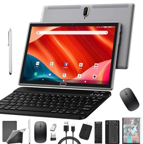 2024 Neueste Tablet 10 Zoll 4G LTE Tablets Mit SIM Slot Android 13 Tablet PC Tablet Mit Tastatur Maus Stift 64GB ROM 512GB TF Octa-Core 1080P FHD 6000mAh 13 MP Kamera, Bluetooth, WiFi GPS OTG (Grau)
