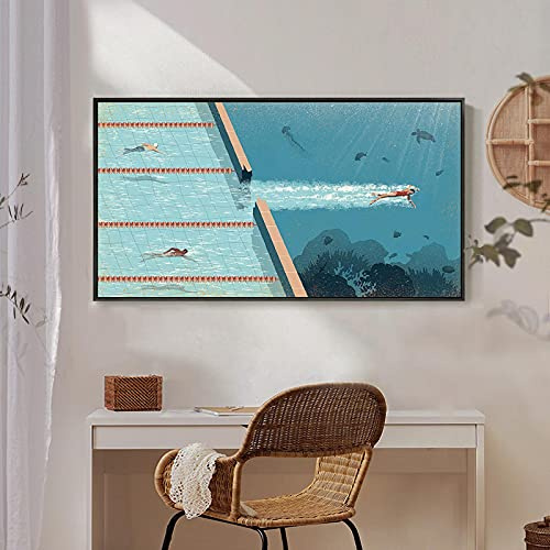 Leju Art Leinwanddruck Malerei Comfort Zone Blue Ocean Schwimmer Wandkunst Nordic Abstrakte Poster Moderne Dekorative Bilder für Wohnzimmer-30x60cm Kein Rahmen