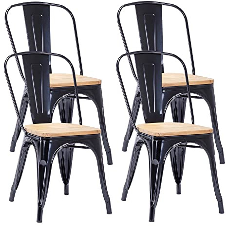 Duhome Metallstuhl Bistrostuhl 4er Set aus Eisen Esszimmerstuhl mit Rückenlehne, Stapelbare Küchenstühle, Schwarz+Naturholz