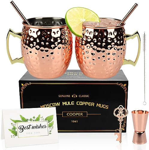 SIMSPEAR Moscow Mule Becher, 2er Moscow Mule Kupferbecher mit 2 Becher, 1 Messbecher, Cocktail Glas Zum Genießen von Cocktails, Kaltes Getränk, Bier, Wodka(18 OZ)