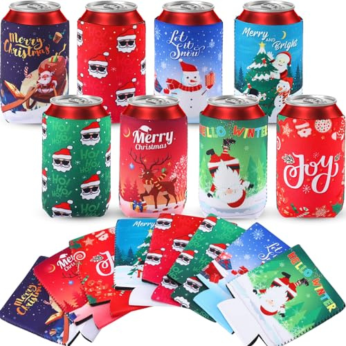 16 Pcs Christmas Can Coolers Sleeves 12 Oz Xmas Insulated Can Covers Neoprene Christmas Can Holders Xmas Party Gifts Decoration for Winter Holiday Can Beverages, Bottle, Drink