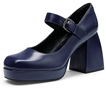 DREAM PAIRS Women's Mary Jane Platform Chunky High Heels,Navy-Pu,9.5