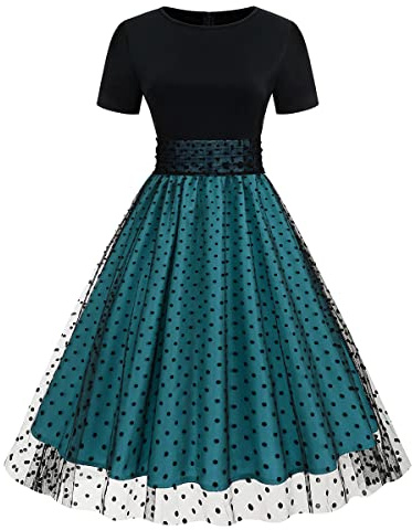 ODIZLI Rockabilly Kleider Damen 50er Jahre Petticoat Kleid Vintage Elegant Retro Kurzarm Mesh Polka Dot Tüllkleid Sommer Swing Coctailkleid Festlich Hochzeit Partykleid Kurz Abendkleid Blau XXL