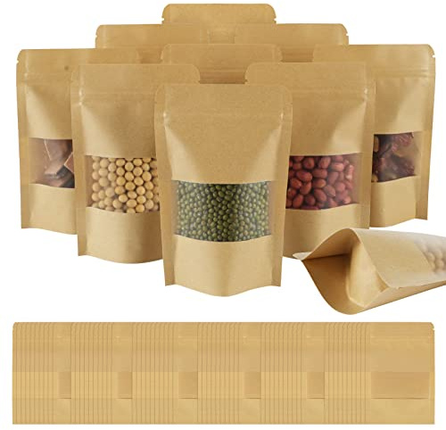 AUAUY 100 Piezas Bolsa Papel Kraft Con Ventana y Ziplock Stand Up, Reutilizable Bolsitas Selladas Para Hogar o Negocio, Guardar Alimentos (10 x 15 cm)