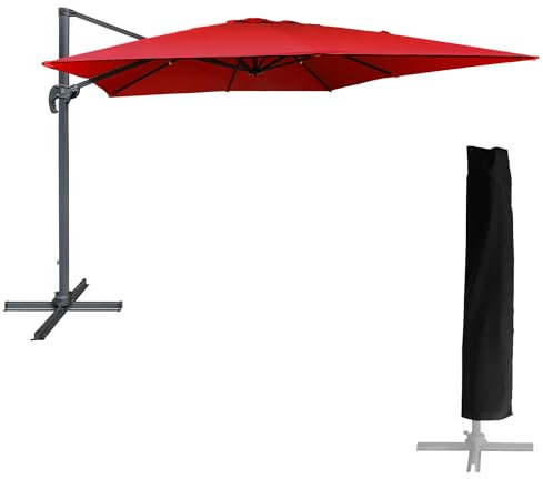 Parasol déporté MOLOKAI carré 3x3m rouge avec manivelle. Parasol déporté inclinable, rabattable et rotatif avec housse de protection.