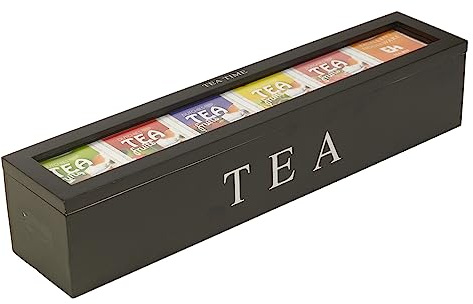 Wooden Tea Storage Box with 5 Slots, Wood, Retro Style, Organize Tea Bags, Sugar Bags, Home Furnishings (Black)