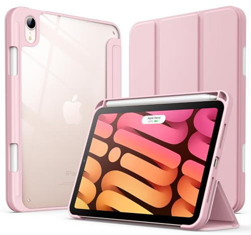 JETech Hülle für iPad mini A17 Pro/6. Gen, Rosa | Für 8,3 2024/2021 Modell, Transparente Rückseite, Stifthalter, Schlanker Stoßschutz, Dreifach-Ständer, Auto Schlafen/Wachen