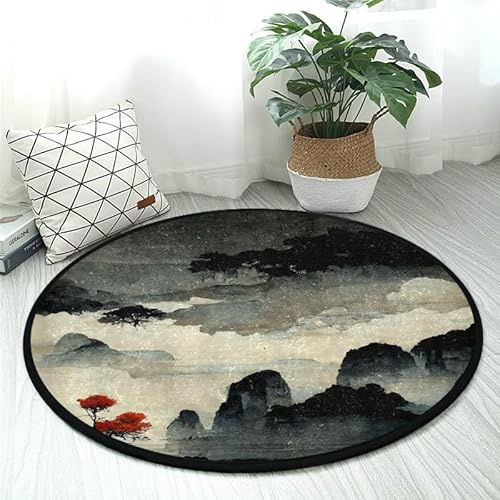 DNOVING Teppich im chinesischen Malstil, rund, 91 cm, rutschfest, weich, waschbar, perfekt für Küche, Schlafzimmer, Wohnbereich