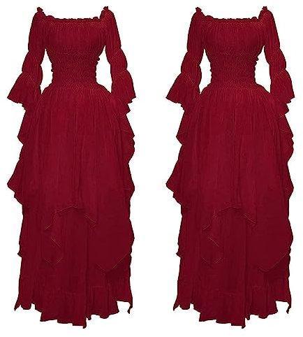 Renaissance Kostüm Damen Mittelalter Ballkleid mit Trompetenärmel Gotisch Kleid Viktorianische Mittelalter Kleidung Damen Einfarbig Schulterfrei Ballkleider Halloween Karneval