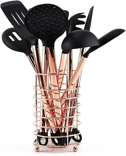 Juego de utensilios de cocina con mango de acero inoxidable, 11 Uds., oro rosa, juego de cocina, utensilios de cocina antiadherentes de silicona resistentes al calor