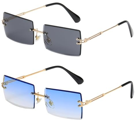 SKHAOVS 2 Paia Occhiali da Sole Rettangolari Senza Montatura，Moda Retrò Rettangolo Occhiali da Sole Quadrati Trasparenti, Occhiali da sole Quadrati Antiriflesso Rettangolari per Donna Uomo