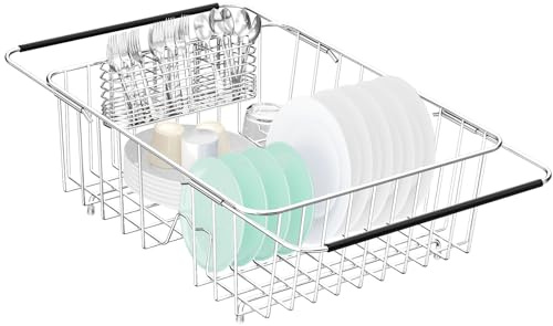 Fanbsy Large Dish Drainer Rack in Sink Adjustable, Expandable 304 Stainless Steel Metal Dish Drying Rack Organizer with Stainless Steel Utensil Holder Over Inside Sink Counter, Rustproof