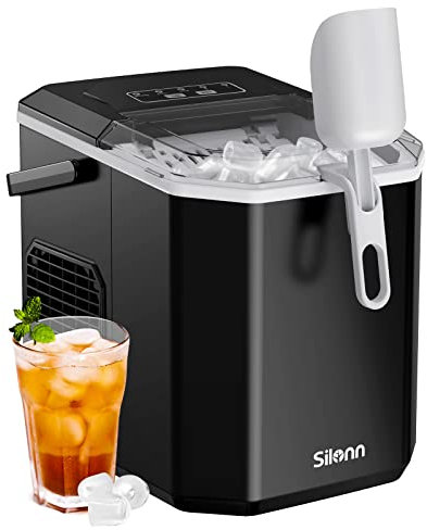 Silonn Máquina de Hielo Pequeña con Asa de Transporte, Máquina de Hacer Hielo Autolimpiable con Cesta y Pala, 9 Cubos en 6 Minutos, 12 kg por Día, Ideal para Casa, Cocina, Camping y RV