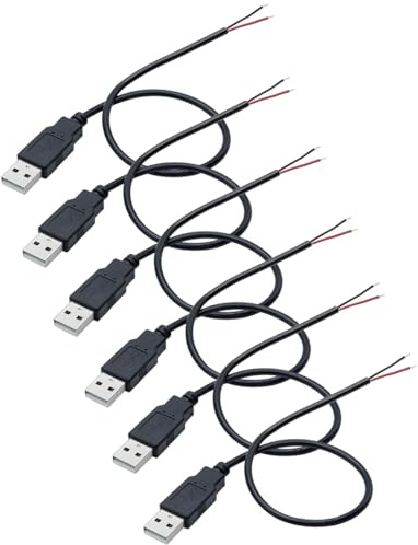 Greluma 6 st USB 22AWG grisstjärt, USB 2.0-kabel med 2 trådar, 2-stifts öppen kabel, 2-stifts öppen ände, 0,3 meter USB-hankabel, 12 V 3 A
