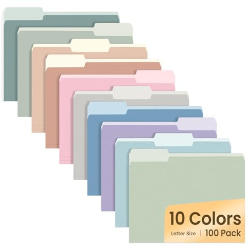 SUNEE File Folders Letter Size 10 Pastel Colors, 100 Pack Manilla Folders 8.5 x 11 1/3-Cut Tabs, Colored File Folders Office Home School for Documents Files Paper