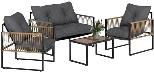 Outsunny 4 TLG. Rattan Gartenmöbel-Set mit Kissen für Garten, Stahl, Braun | Sitzgruppe, Gartengarnitur, 1 Couchtisch aus Glas, 2 Sesseln, 1 Doppelsofa, für Terrasse