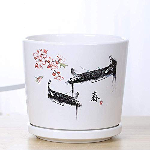 Moderner minimalistischer Keramik-Blumentopf für Zuhause, grüne Pflanze, Topfpflanzen-Übertopf mit Tablett, chinesischer Stil, Landschafts-Blumentöpfe (grün, 20 cm x 19 cm)