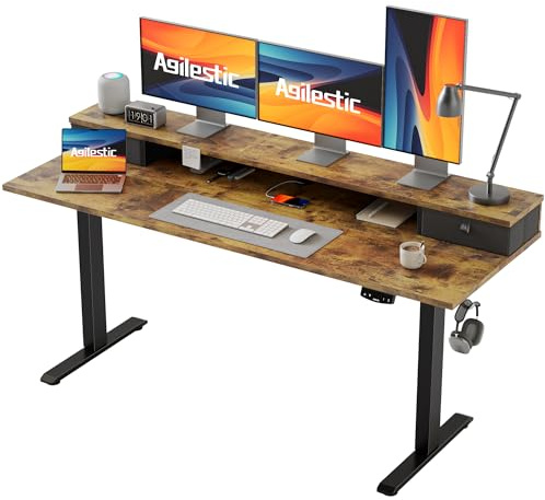 Agilestic Höhenverstellbarer Schreibtisch mit 2 Schubladen | Schreibtisch elektrisch 160 x 60 cm, Gaming Schreibtisch mit 2 Speicherplätzen, Computertisch für Homeoffice, Braun