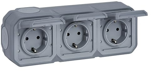 LEGRAND, Plexo New 069743L Triple prise Schuko standard pour pièces humides, avec couvercle à rabat, protection contre les contacts, bornes à fiche, p