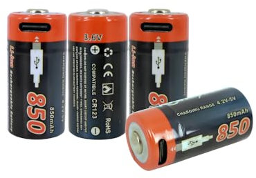 PowerSmart 4 batterie agli ioni di litio USB CR123 da 3,6 V, 850 mAh, con connettore di tipo C