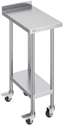 VEVOR 24 x 15 x 40 Inch Stainless Steel Work Table, Commercial Food Prep Worktable with Casters, Heavy Duty Prep Worktable, Metal Work Table with Adjustable Height for Restaurant, Home and Hotel