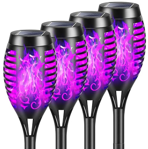 YAZEKY Halloween Deko Outdoor Solarlampen Garten - 12 LED Solarleuchten fackel mit Lila Realistischer Flammeneffekt, IP65 Wasserdichte Solar Gartenfackeln für Weg Hinterhöfe Rasen Beleuchtung 4 Stück