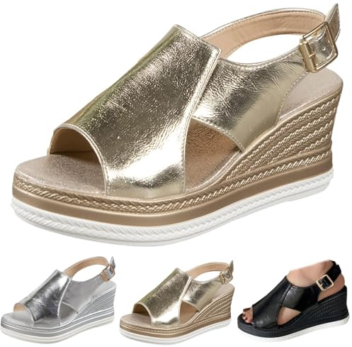 Conquerory rosa ortopediska sandaler, bekväma ortopediska skor med fotvalvsstöd för kvinnor, sandaler med platåkilklack och spännen på ankelremmen, Guld, 41 EU