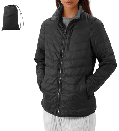 JEMIDI Chaqueta Acolchada Mujer - Chaqueta Ultraligera Mujer Reversible - Chaqueta Ligera Mujer Impermeable 5 Bolsillos con Cremallera - Con Bolsa de Transporte - Negro/Gris Oscuro