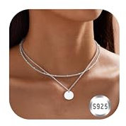 LOLIAS 2 Stück Halskette Damen Silber 925 Layering Kette Wasserfest Silberkette CZ Münze Anhänger Schmuck