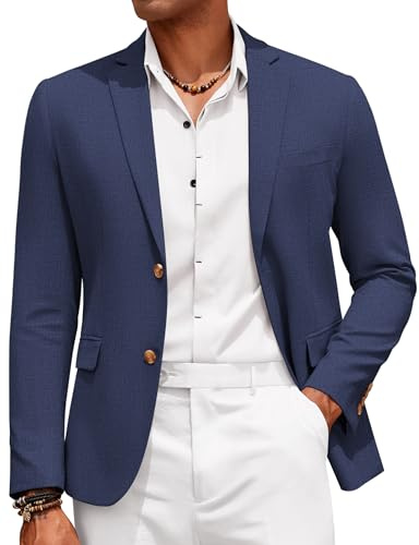 COOFANDY Mens Linen Suit Coat Cotton Linen Lightweight Jacket Regular Fit Linen Blazer Jakcet Navy Blue