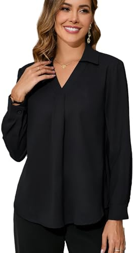 Dosieyeo Bluse Damen Elegant Langarmshirt V Ausschnitt Schlupfbluse Fließend Tunika Casual Business Hemdbluse schwarz,XXL